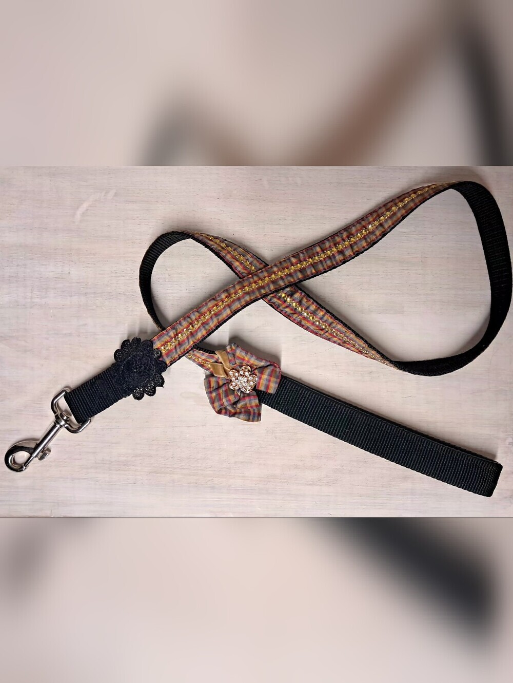 Embellished Plaid Rhinestone Dog Leash 47"